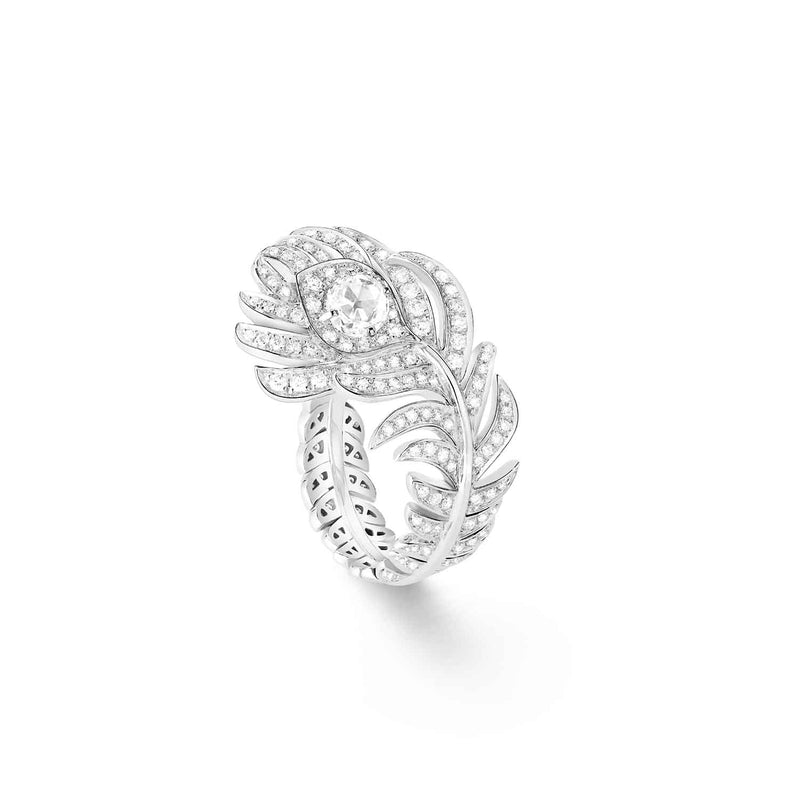 Boucheron Plume de Paon small ring in white gold set with 1 rose-cut diamond 0.30 carat and 142 round diamonds 0.59 carat