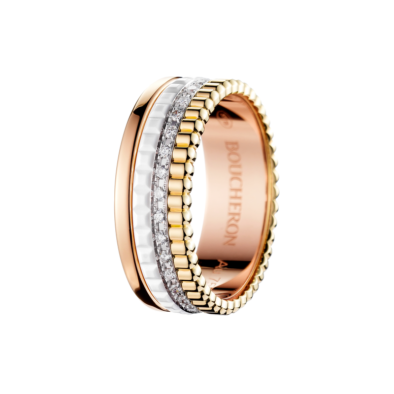 Boucheron Quatre white edition small ring in yellow, white, pink gold white ceramic set with 33 round diamonds, 0.25 carats