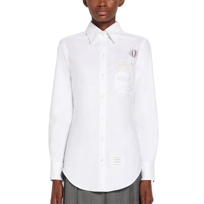 Classic Point Collar Shirt W Broderie Anglaise Hot Air Balloon Chest Pocket In Oxford
